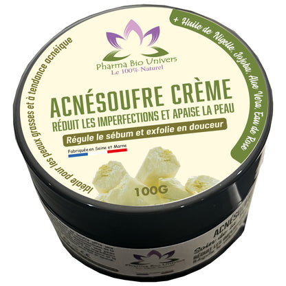 Image de notre Crème de Soin Anti-Acné au Soufre, pot de 100 grammes, produit en France. Un traitement naturel pour une peau éclatante et apaisée