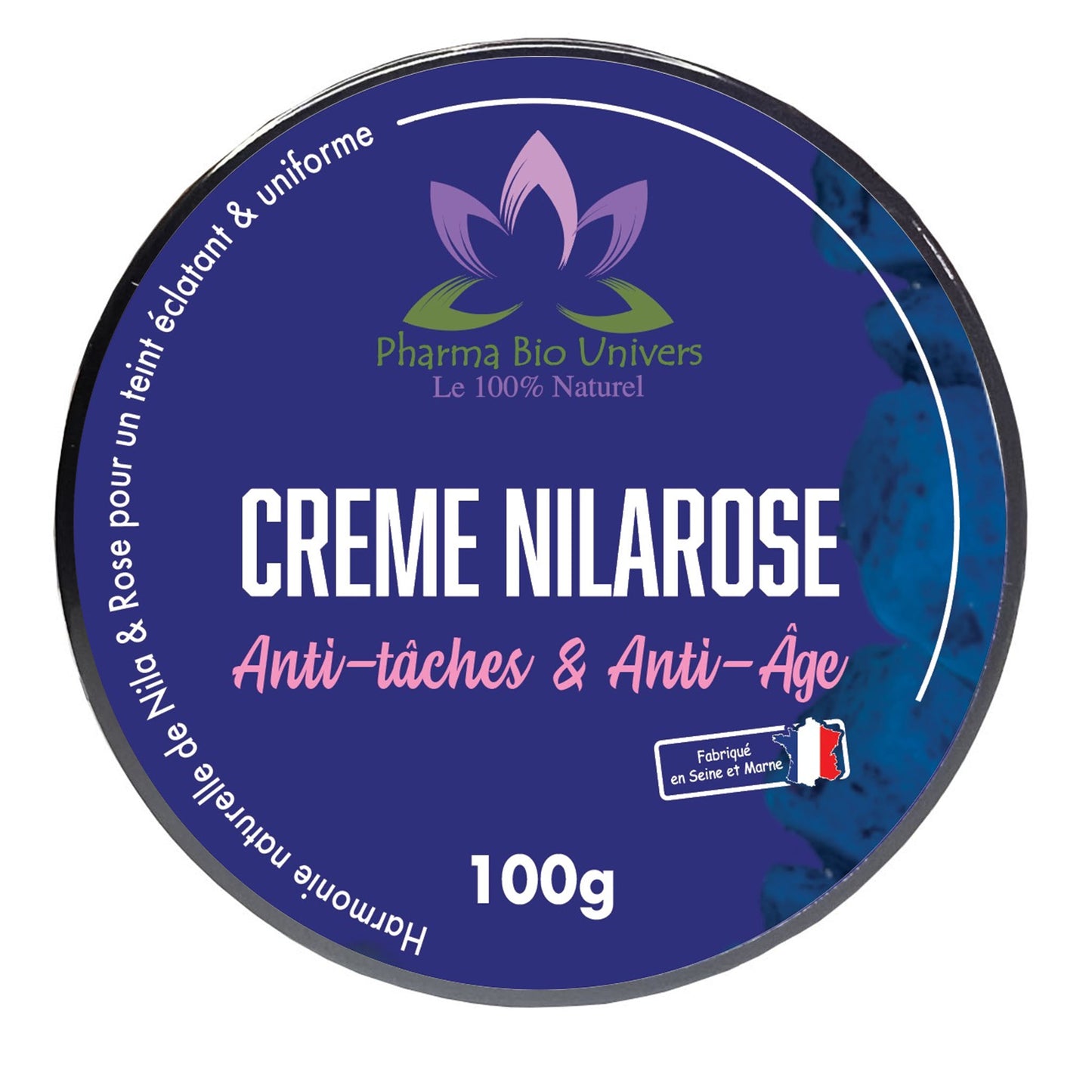 Image de notre Crème NILAROSE, une formule Anti-Taches et Anti-Âge enrichie en Eau de Rose et poudre de Nila. Pot de 100 g pour une peau éclatante et rajeunie.