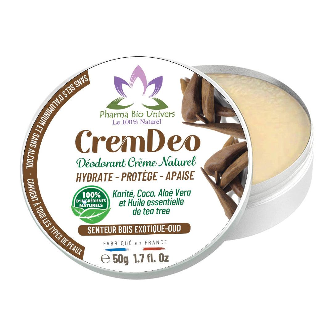 Image du CremDeo, déodorant crème naturel de 50g, présentant ses ingrédients bio comme l'huile de coco et le bicarbonate de sodium, dans un emballage éco-responsable.