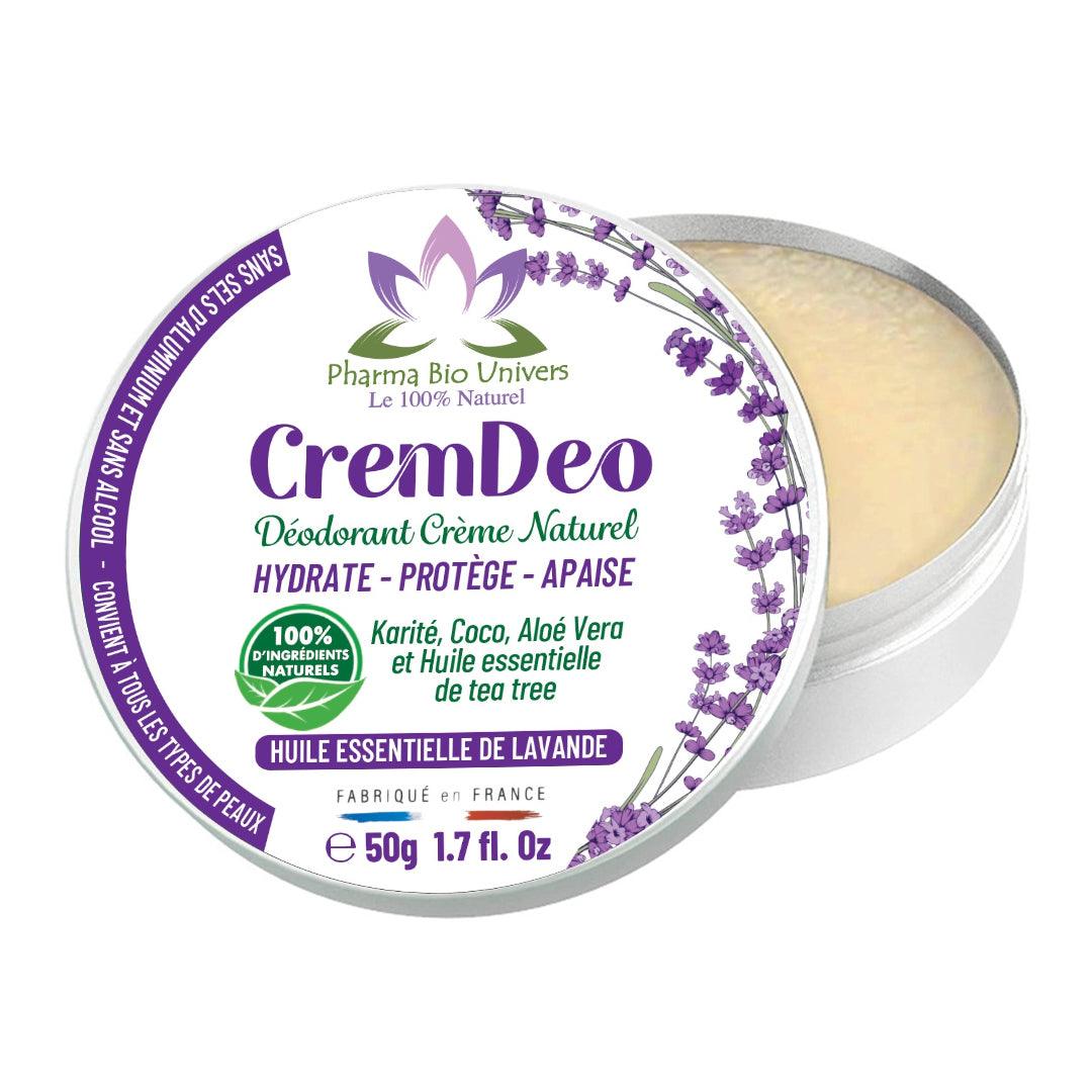 Image du CremDeo, déodorant crème naturel de 50g, présentant ses ingrédients bio comme l'huile de coco et le bicarbonate de sodium, dans un emballage éco-responsable.