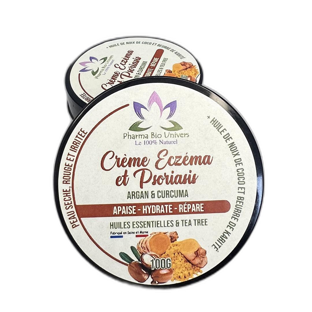 Crème apaisante à l'argan et au curcuma pour psoriasis et eczéma, notée 100/100 sur Yuka, solution naturelle et efficace pour les problèmes de peau.