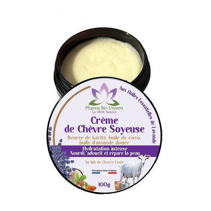 Image de la Crème de Chèvre Soyeuse, une crème hydratante pour le corps enrichie au lait de chèvre frais, offrant une peau douce et nourrie.