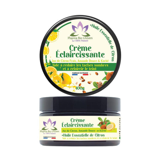 Image de la Crème Éclaircissante Naturelle à l'Amande Douce, Karité et Jus de Citron Frais, une formule française pour une peau lumineuse et éclatante.