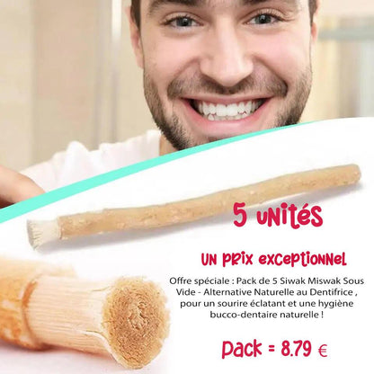 Pack promotionnel de cinq bâtons de Siwak Miswak emballés sous vide, présentés comme une alternative naturelle au dentifrice traditionnel