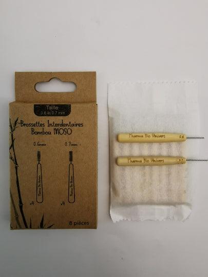 Pack de brossettes interdentaires écologiques avec manche en bambou Moso et poils fins en nylon DuPont pour un nettoyage dentaire précis.